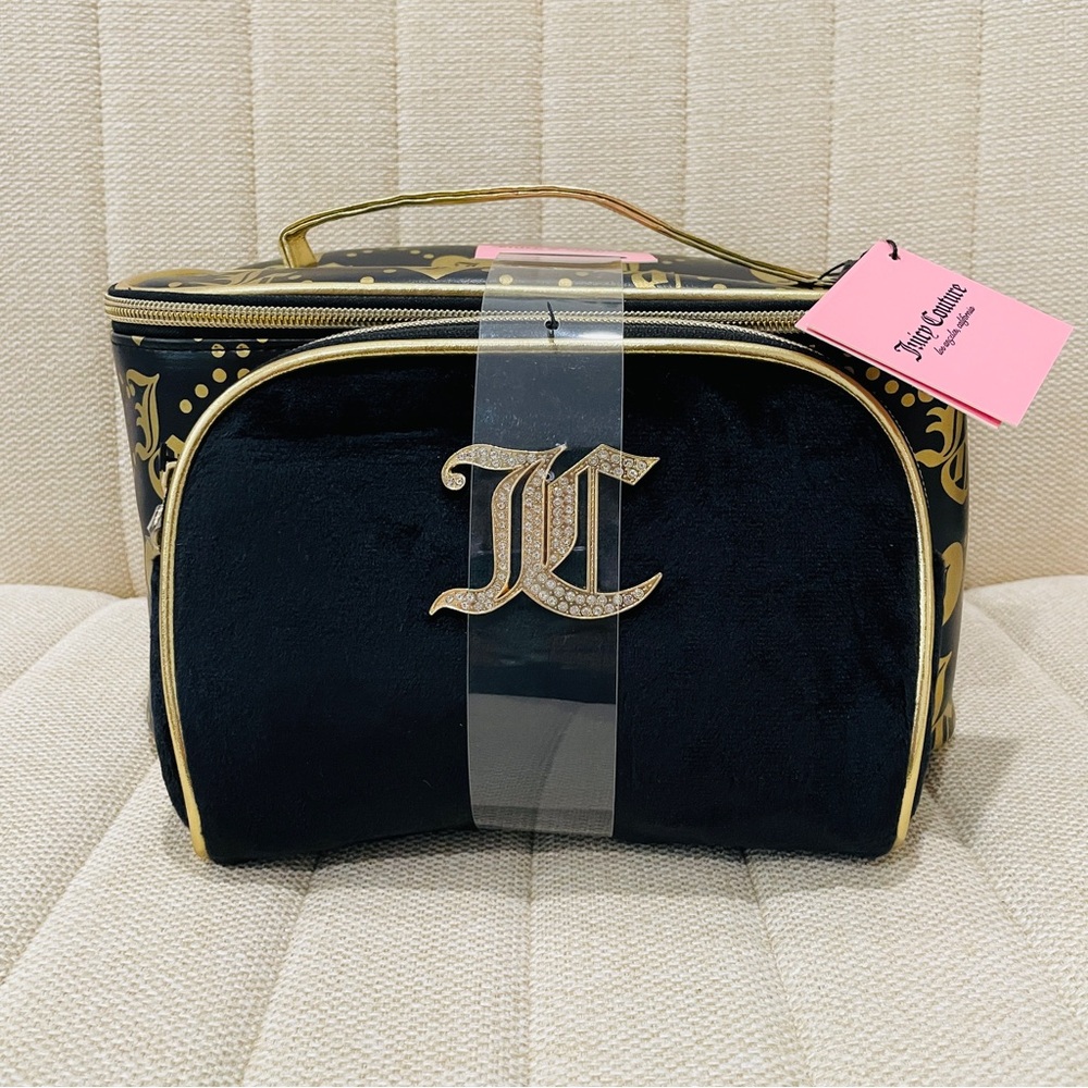 NEW Juicy Couture Black Gold Monogram Train‎ Case Makeup Bag 2pc Set Rhinestone
